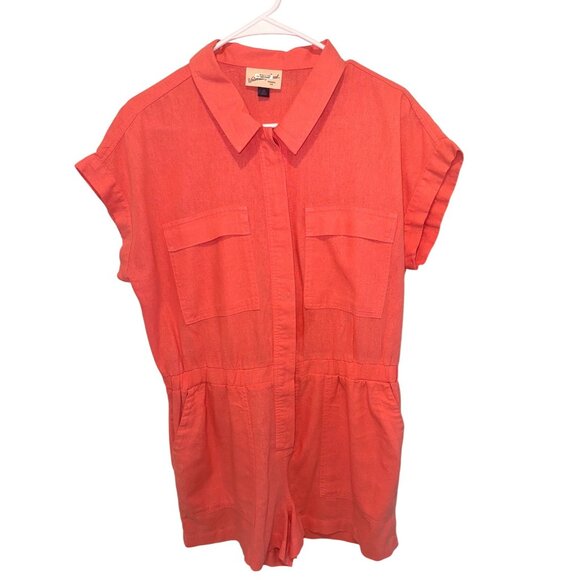 Universal Thread Linen Coral Romper Shorts Short Sleeve Button Front 10 Casual - Picture 2 of 8